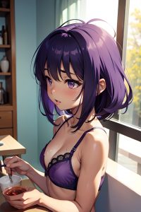 anime,muscular,small tits,60s age,orgasm face,purple hair,messy hair style,dark skin,watercolor,restaurant,side view,bathing,bra
