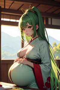 anime,pregnant,small tits,70s age,sad face,green hair,straight hair style,light skin,painting,stage,close-up view,gaming,geisha
