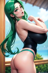 anime,busty,huge boobs,80s age,shocked face,green hair,slicked hair style,light skin,3d,underwater,back view,yoga,schoolgirl