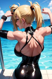 anime,muscular,huge boobs,18 age,ahegao face,blonde,pigtails hair style,light skin,dark fantasy,pool,back view,yoga,latex