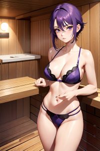anime,busty,small tits,20s age,serious face,purple hair,pixie hair style,light skin,skin detail (beta),sauna,front view,plank,lingerie