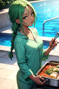 anime,busty,small tits,20s age,seductive face,green hair,braided hair style,dark skin,film photo,pool,side view,cooking,pajamas