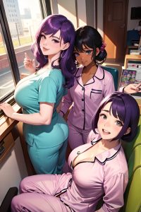anime,chubby,small tits,50s age,laughing face,purple hair,slicked hair style,dark skin,film photo,casino,front view,on back,pajamas