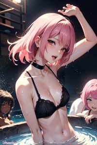 anime,skinny,small tits,18 age,ahegao face,pink hair,bobcut hair style,dark skin,black and white,party,front view,bathing,bra