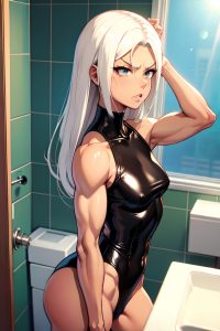 anime,muscular,small tits,40s age,angry face,white hair,straight hair style,dark skin,soft anime,bathroom,side view,t-pose,latex