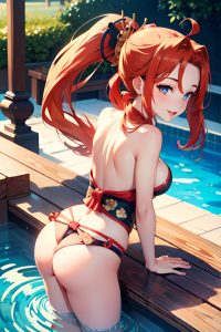 anime,busty,small tits,20s age,happy face,ginger,ponytail hair style,light skin,film photo,pool,back view,bending over,geisha