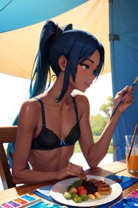 anime,skinny,small tits,20s age,happy face,blue hair,ponytail hair style,dark skin,painting,tent,side view,eating,bra