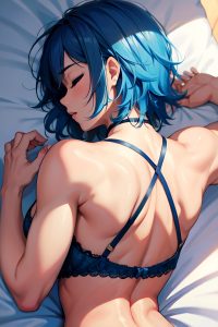 anime,muscular,small tits,20s age,happy face,blue hair,messy hair style,dark skin,warm anime,club,back view,sleeping,lingerie
