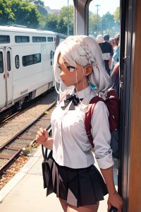 anime,busty,small tits,50s age,sad face,white hair,braided hair style,dark skin,painting,train,side view,jumping,mini skirt
