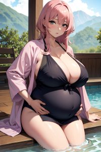 anime,pregnant,huge boobs,60s age,serious face,pink hair,messy hair style,dark skin,soft + warm,onsen,front view,plank,bathrobe
