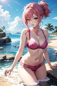 anime,busty,small tits,50s age,orgasm face,pink hair,messy hair style,light skin,crisp anime,stage,front view,bathing,bra