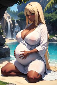 anime,pregnant,huge boobs,30s age,happy face,blonde,straight hair style,dark skin,soft + warm,cave,side view,working out,bathrobe