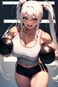 anime,muscular,huge boobs,80s age,laughing face,white hair,pigtails hair style,light skin,black and white,party,front view,working out,teacher