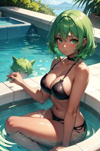 anime,chubby,small tits,40s age,sad face,green hair,messy hair style,dark skin,painting,hot tub,side view,t-pose,fishnet