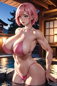 anime,muscular,huge boobs,40s age,orgasm face,pink hair,pixie hair style,light skin,3d,onsen,side view,plank,goth