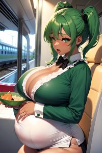 anime,pregnant,huge boobs,40s age,orgasm face,green hair,pigtails hair style,dark skin,crisp anime,train,front view,eating,maid