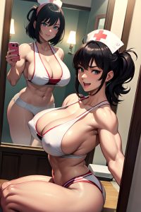anime,muscular,huge boobs,40s age,laughing face,black hair,messy hair style,light skin,mirror selfie,casino,close-up view,straddling,nurse