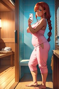 anime,chubby,small tits,20s age,angry face,ginger,braided hair style,dark skin,mirror selfie,sauna,side view,working out,pajamas