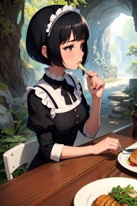 anime,busty,small tits,50s age,sad face,black hair,bobcut hair style,dark skin,soft + warm,cave,side view,eating,maid