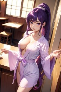 anime,busty,small tits,50s age,happy face,purple hair,ponytail hair style,light skin,soft anime,restaurant,side view,t-pose,bathrobe
