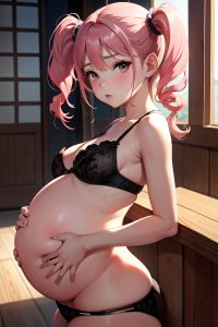 anime,pregnant,small tits,30s age,pouting lips face,pink hair,pigtails hair style,dark skin,painting,bar,side view,plank,lingerie