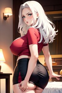 anime,chubby,huge boobs,70s age,angry face,white hair,slicked hair style,dark skin,soft + warm,party,back view,massage,mini skirt