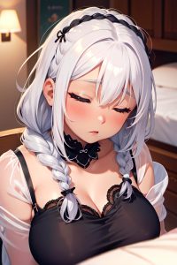 anime,chubby,small tits,20s age,shocked face,white hair,braided hair style,dark skin,soft + warm,wedding,close-up view,sleeping,goth