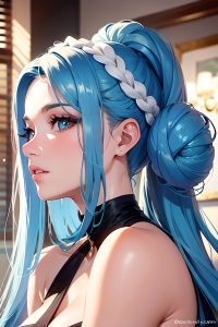anime,muscular,huge boobs,20s age,seductive face,blue hair,pigtails hair style,light skin,mirror selfie,office,close-up view,bending over,bikini