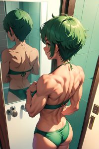 anime,muscular,small tits,30s age,serious face,green hair,pixie hair style,dark skin,vintage,bathroom,back view,t-pose,bikini