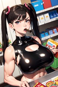 anime,muscular,huge boobs,80s age,angry face,brunette,pigtails hair style,light skin,black and white,grocery,close-up view,eating,latex