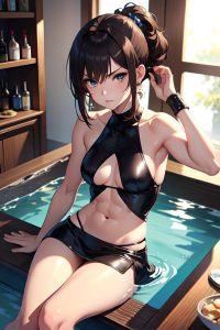 anime,muscular,small tits,18 age,serious face,brunette,pixie hair style,light skin,dark fantasy,bar,close-up view,bathing,mini skirt