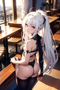 anime,skinny,small tits,18 age,pouting lips face,white hair,messy hair style,light skin,charcoal,restaurant,back view,plank,stockings