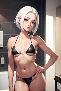 anime,skinny,small tits,18 age,happy face,white hair,slicked hair style,light skin,charcoal,bathroom,close-up view,massage,bikini