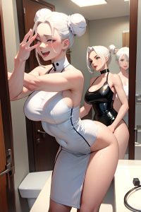 anime,skinny,huge boobs,30s age,laughing face,white hair,hair bun hair style,dark skin,mirror selfie,bathroom,side view,bending over,latex