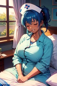 anime,chubby,small tits,80s age,laughing face,blue hair,pixie hair style,dark skin,watercolor,bedroom,close-up view,sleeping,nurse