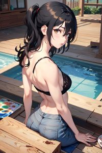 anime,skinny,small tits,40s age,sad face,black hair,messy hair style,light skin,painting,oasis,back view,plank,goth