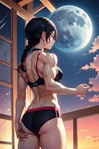 anime,muscular,small tits,18 age,sad face,black hair,braided hair style,light skin,dark fantasy,moon,back view,working out,teacher