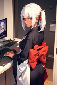 anime,busty,small tits,60s age,pouting lips face,white hair,bangs hair style,dark skin,crisp anime,office,back view,gaming,kimono