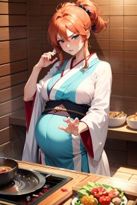 anime,pregnant,small tits,80s age,angry face,ginger,messy hair style,light skin,crisp anime,sauna,front view,cooking,kimono
