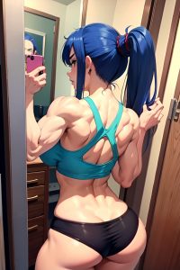 anime,muscular,huge boobs,20s age,angry face,blue hair,ponytail hair style,light skin,mirror selfie,club,back view,gaming,goth