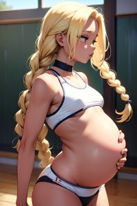 anime,pregnant,small tits,30s age,pouting lips face,blonde,braided hair style,dark skin,film photo,gym,back view,t-pose,goth