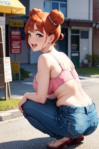 anime,chubby,small tits,50s age,laughing face,ginger,hair bun hair style,light skin,film photo,club,back view,squatting,bra
