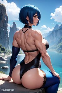 anime,muscular,huge boobs,20s age,orgasm face,blue hair,bobcut hair style,light skin,dark fantasy,mountains,back view,on back,stockings
