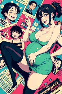 anime,pregnant,small tits,60s age,laughing face,black hair,messy hair style,light skin,comic,casino,front view,on back,stockings