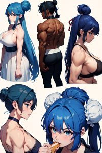 anime,muscular,huge boobs,18 age,shocked face,blue hair,hair bun hair style,dark skin,illustration,wedding,back view,eating,teacher