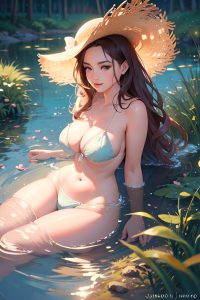 anime,busty,small tits,20s age,laughing face,brunette,ponytail hair style,light skin,soft + warm,church,front view,on back,bra