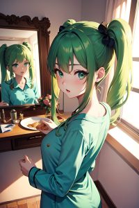 anime,busty,small tits,18 age,shocked face,green hair,pigtails hair style,light skin,mirror selfie,wedding,back view,eating,pajamas