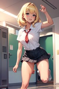 anime,busty,small tits,60s age,happy face,blonde,bangs hair style,dark skin,charcoal,locker room,front view,jumping,schoolgirl