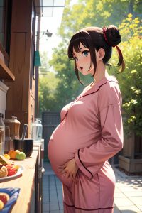 anime,pregnant,small tits,18 age,shocked face,brunette,hair bun hair style,light skin,vintage,oasis,front view,eating,pajamas