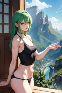 anime,muscular,small tits,20s age,ahegao face,green hair,straight hair style,dark skin,painting,mountains,side view,yoga,schoolgirl
